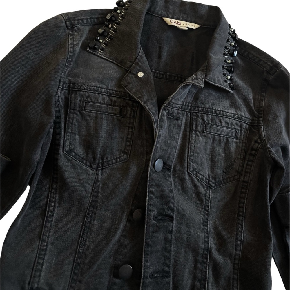 CAbi Jeans Jacket Womens XS Gray Denim Beaded Embellished Zip Cuff - Picture 4 of 4